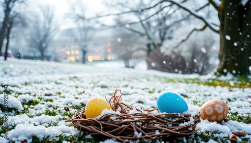 Colorful Easter Eggs In Snowy Nest, Winter Wonderland SceneFor Spring Holiday Celebration featuring