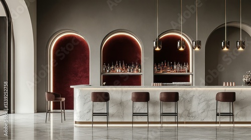 Modern bar interior, sophisticated design, marble counter, elegant ambiance, potential use for restaurant marketing photo