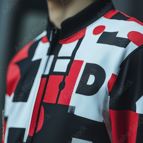 Jacket detail shows abstract graphic design with red, black, and white shapes on a zippered garment against a blurred neutral backdrop
