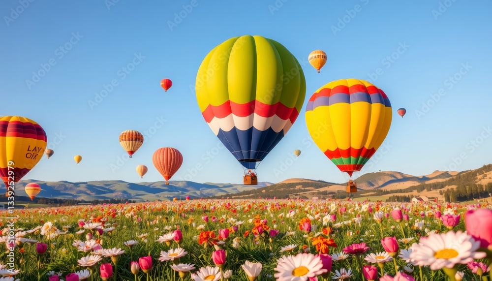 Fototapeta premium Colorful Hot Air Balloons Over a Wildflower Meadow