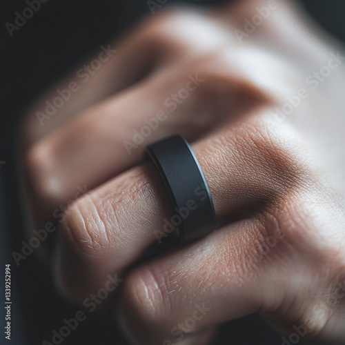 Ring photo features a dark, matte ring worn on a fair-skinned adult's finger against a blurred background