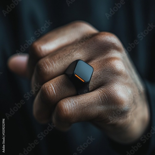 Hand with dark skin wears a black modern ring with an orange light detail against a dark background