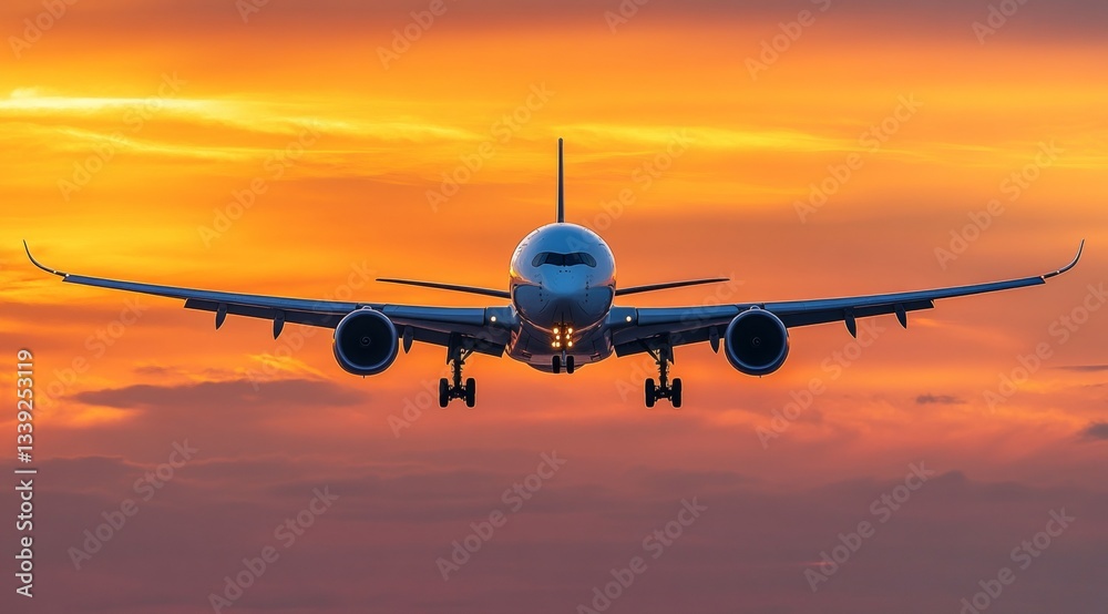 Airplane flies towards the camera at sunset, preparing to land with dramatic orange and yellow sky in the background Airplane flies towards the camera at sunset, preparing to land with dramatic orange and yellow sky in the background