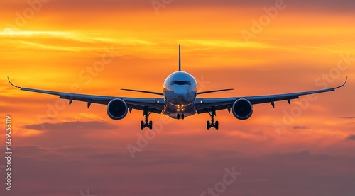 Airplane flies towards the camera at sunset, preparing to land with dramatic orange and yellow sky in the background