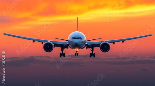 Airplane in flight approaches for landing against a vibrant orange sky and clouds background