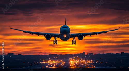 Airplane landing approaching runway at dusk with dramatic orange sky in photography