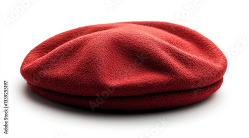 Beret hat: Red wool beret lies on a plain white surface in a studio shot