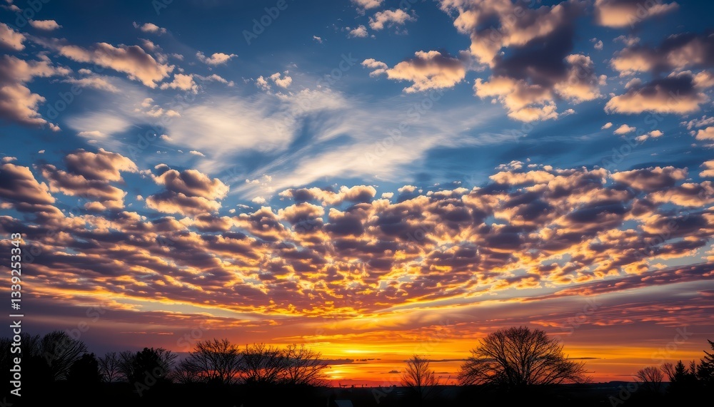Fototapeta premium Dramatic Sunset With Layered Clouds And Silhouetted