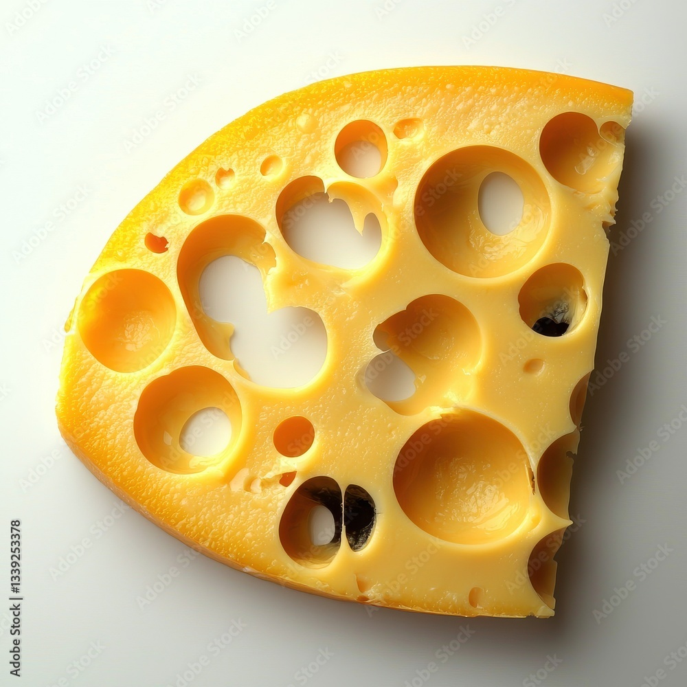 Close Up of a Piece of Yellow Swiss Cheese with Irregular Holes on White Background