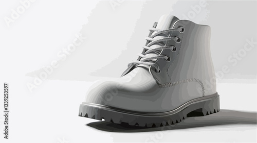 A studio shot of a single white ankle boot on a white background. The boot is presented at a three-quarter angle, showcasing its laces, rounded toe, and sturdy sole.  The lighting is soft and