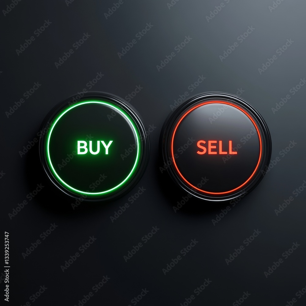 Buy and sell buttons represent business choices in an illustration on a plain dark surface showing financial market options