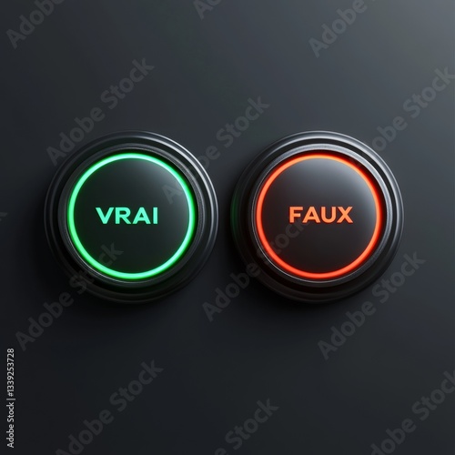 True False buttons, illustration of two circular buttons with the French words 'Vrai' and 'Faux' against a dark background