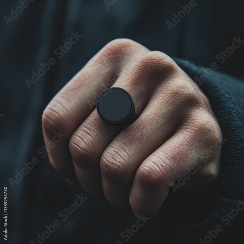 Ring image shows adult hand with light skin clenching fist, wearing black signet ring in dark clothing against blurred background