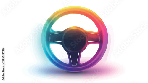 A digital illustration of a steering wheel depicted against a white background. The steering wheel is predominantly dark-colored, with a three-spoke design.  A bright, vibrant, rainbow-colored neon