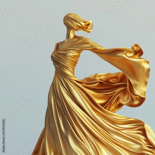 Golden draped figure, a vision of elegance, shimmering and ethereal, capturing fluid movement in a moment of timeless beauty and artistry.