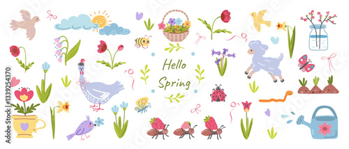 Hello Spring Set of cute elements. Hand-drawn flowers, watering can, sheep, bows,bee,ants, chicken, birds, grass. A blooming garden at the cottage. Collection of spring stickers. Vector illustration.