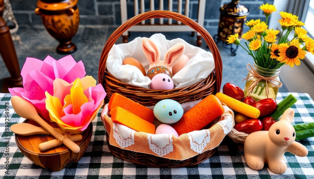 Naklejka premium Pastel Easter Still Life with Bunny Figurines and Decorated Eggs_Description_Easter still life