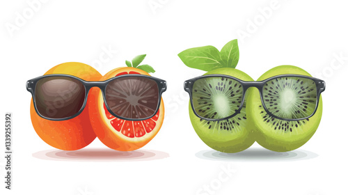 Digital illustration featuring two sets of halved fruits wearing sunglasses.  The first set consists of an orange and a grapefruit; the second set is comprised of two kiwi fruits. Each fruit is