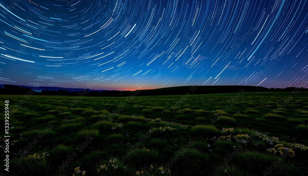 Fototapeta premium Starry Night Over Field Landscape With Trails of Stars Underneath The Night Sky
