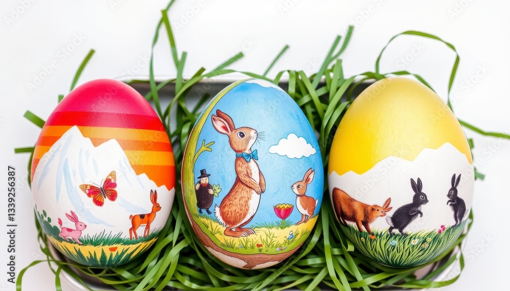 Fototapeta premium Three Decorated Easter Eggs With Whimsical Designs for Spring Celebration