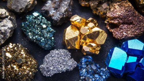 Close-up of various metal, rock, and mineral cut samples on a dark background, rare earth elements deal, highlighting their economic and technological significance.