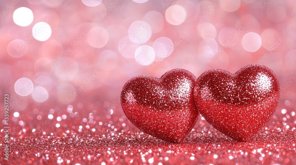 Two Sparkling Red Hearts on a Glittery Background: A Valentine's Day Romance Two Sparkling Red Hearts on a Glittery Background: A Valentine's Day Romance
