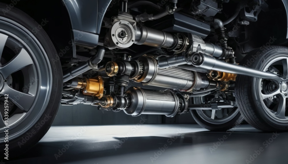 Automotive Suspension System with Wheels and Metallic Hardware Automotive Suspension System with Wheels and Metallic Hardware