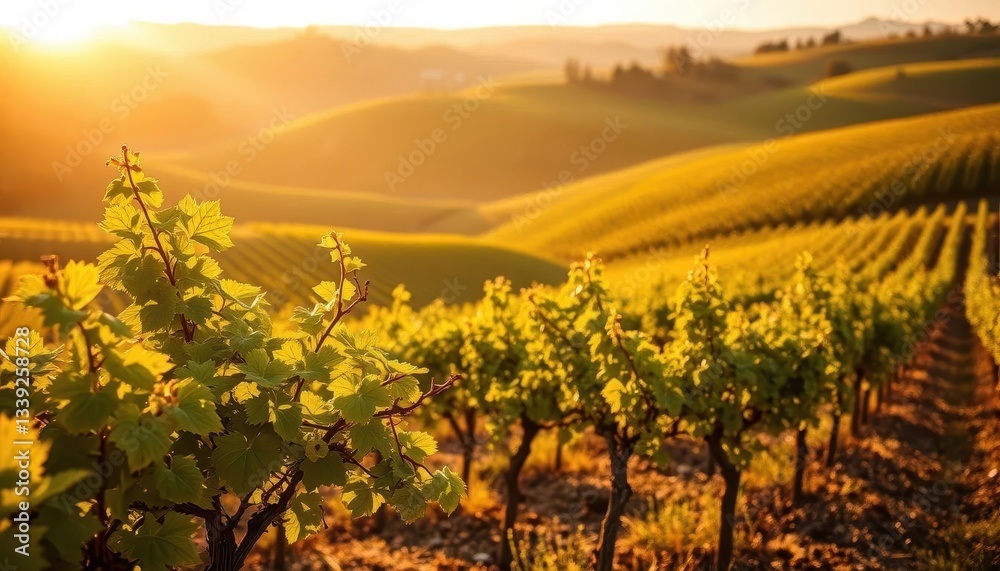 Naklejka premium Golden hour sunlight bathes rolling vineyards, a single vine in sharp focus, relaxed, evening