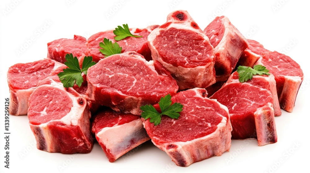 Fresh Red Meat Cuts, Close-up Studio Shot of Raw Lamb Chops or Beef Steaks, Ready for Cooking, Gourmet Food Photography Fresh Red Meat Cuts, Close-up Studio Shot of Raw Lamb Chops or Beef Steaks, Ready for Cooking, Gourmet Food Photography
