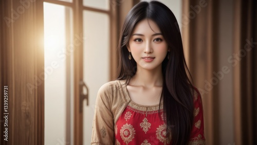Elegant Asian Woman in Traditional Dress by Window: Beauty, Culture, Portrait, Fashion, Indoor, Sunlight, Model, Lifestyle 