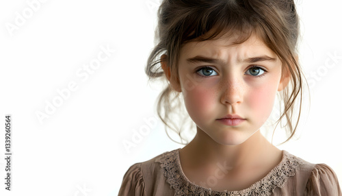 Young girl looking sad and confused, isolated on white or transparent