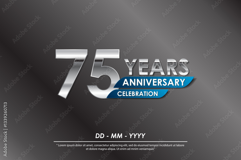 Obraz premium 75th years anniversary celebration emblem. elegance silver anniversary logo isolated with blue ribbon. vector illustration template design for web, flyers, poster, greeting card and invitation card
