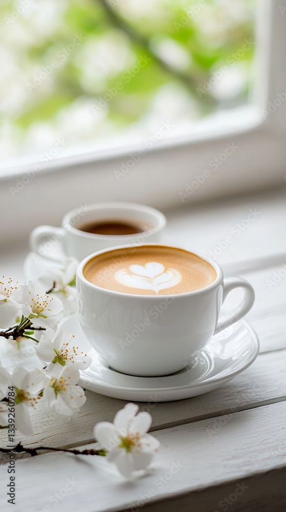 White cup of cappuccino with latte art, beside a smaller cup, on a white wooden surface with white cherry blossoms, near a window with blurred green background showcasing relaxing spring morning scene White cup of cappuccino with latte art, beside a smaller cup, on a white wooden surface with white cherry blossoms, near a window with blurred green background showcasing relaxing spring morning scene