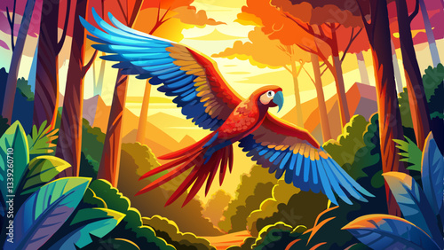vector of striking scarlet macaw flying between the tall trees, its red, yellow, and blue feathers shining in the golden afternoon light