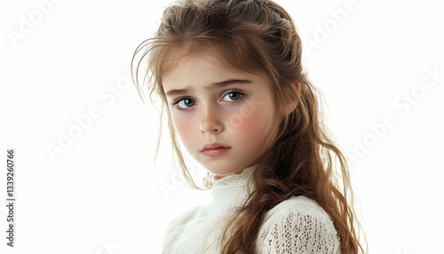 Young girl looking sad and confused, isolated on white or transparent