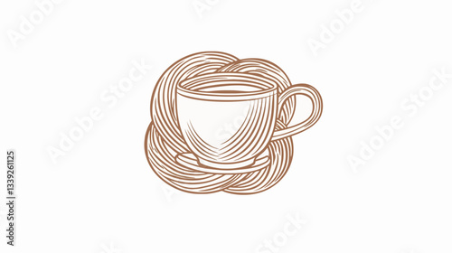 The image is a vector illustration of a coffee cup depicted in a stylized manner. The cup is centrally positioned and rendered using a combination of fine lines creating a hatched shading effect,