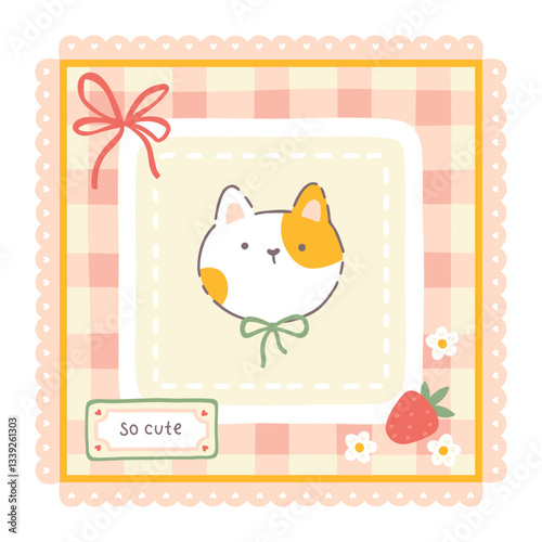 Gingham vector print template with kawaii cute cat and strawberries. Tartan check for tablecloths, napkins, clothes, packaging, for the Easter. Cute childish background, pastel palette.