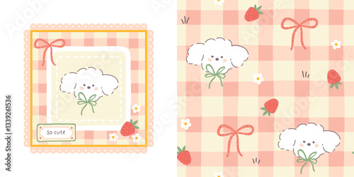 Gingham seamless vector pattern and print template with kawaii poodle dog and strawberries. Tartan check for tablecloths, napkins, clothes, packaging, for the Easter. Cute childish pastel palette.