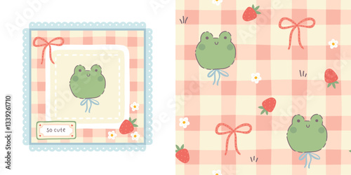 Gingham seamless vector pattern and print template with kawaii little frog and strawberries. Tartan check for tablecloths, napkins, clothes, packaging, for the Easter. Cute childish pastel palette.