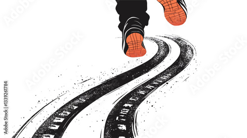 A stylized illustration depicting a pair of legs, clad in orange shoes, running along a path marked by tire tracks. The style is minimalist, using a black silhouette for the legs against a white