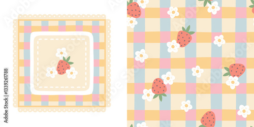 Gingham kawaii seamless pattern with strawberry berries and flowers. Tartan check for tablecloths, napkins, packaging, for the Easter holiday. Cozy cute childish cartoon background in pastel palette