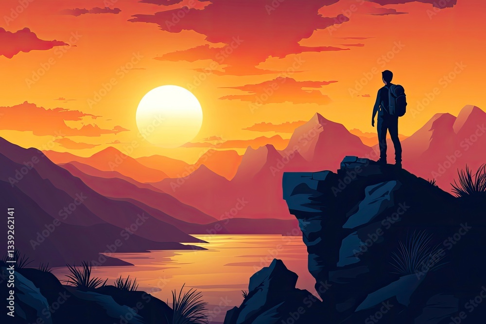 Fototapeta premium A single traveler with a backpack stands on the edge of a cliff, watching a breathtaking sunset over the mountains or sea. Perfect for use in travel ads or motivational content.