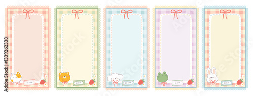 Gingham vector set collection of templates with kawaii animals and berries. Tartan check for diary pages, note paper, to do list, stickers. Cute childish background, pastel palette.
