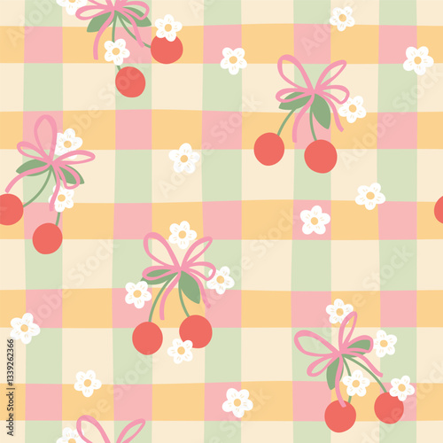 Gingham kawaii seamless pattern with cherry berries, flowers and flirty bow. Tartan check for tablecloths, napkins, clothes, packaging. Cozy cute childish hand drawn cartoon background pastel palette
