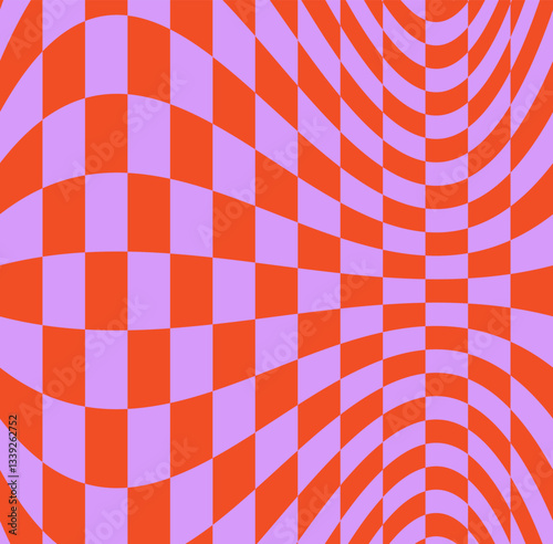 Abstract optical illusion with a wavy checkered pattern in red and purple. The distorted squares create a dynamic, hypnotic effect. Vector illustration