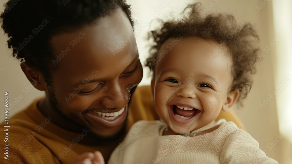 Joyful father playing with baby, African man sharing laughter with cheerful infant, warm atmosphere highlighting love and bonding. Joyful father playing with baby, African man sharing laughter with cheerful infant, warm atmosphere highlighting love and bonding.