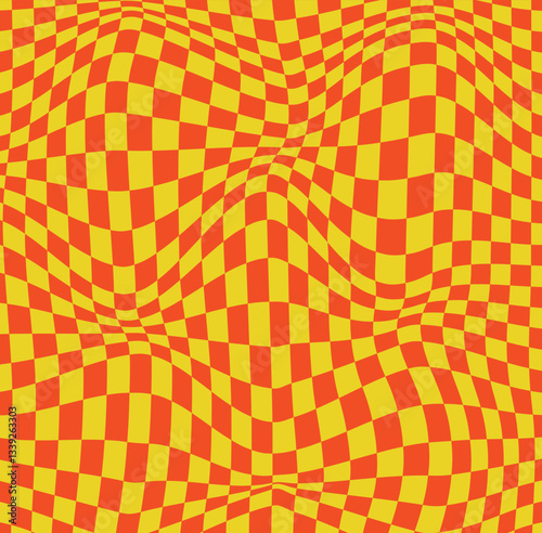 Abstract wavy checkered pattern in red and yellow, creating an optical illusion effect. The distorted grid gives a dynamic and hypnotic visual experience. Vector illustration