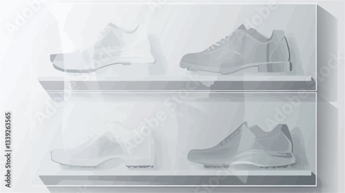 The image showcases two pairs of white sneakers displayed on a two-tiered, transparent shelf against a bright white background.  The sneakers are rendered in a slightly shadowed, minimalist style,
