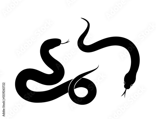Two black snakes in silhouette style on a white background. The design emphasizes their sinuous and elegant forms, creating a minimalist and bold visual impact. Vector illustration