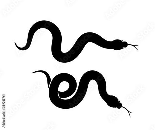Two black snake silhouettes with curvy bodies and forked tongues on a white background. The design represents danger, wildlife, and reptile symbolism. Vector illustration